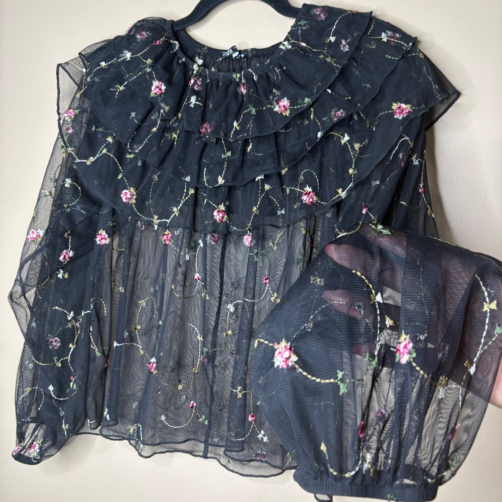 Zara Black Embroidered Floral Mesh Ruffle Blouse Sheer Long Sleeve Top Small